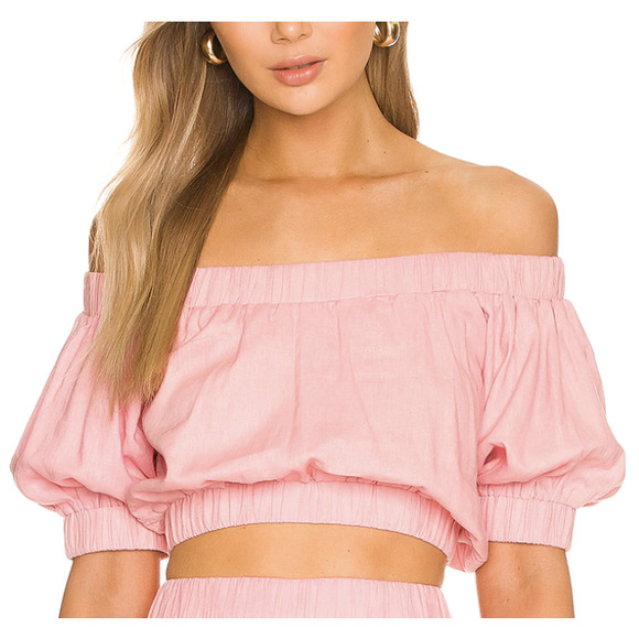 MINKPINK Pink Peyton Crop Top Milkmaid Off the Shoulder Puff Sleeves Size Medium